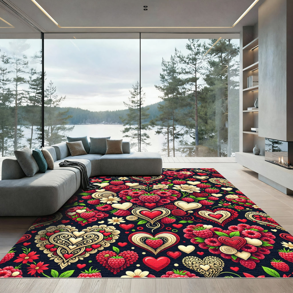 Vibrant Red Heart Raspberry Pattern Rug
