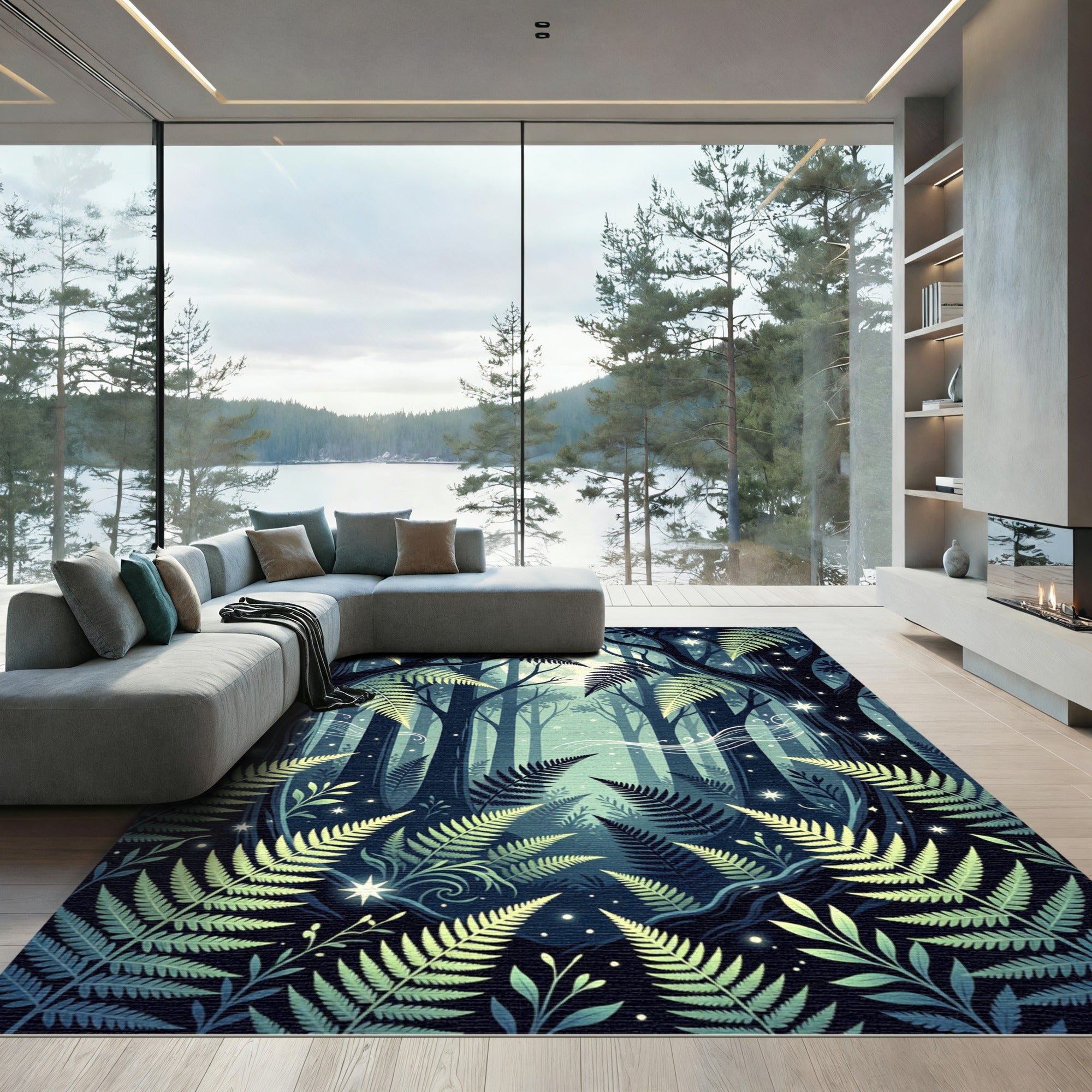 Moonlit Forest Fern and Starry Night Rug