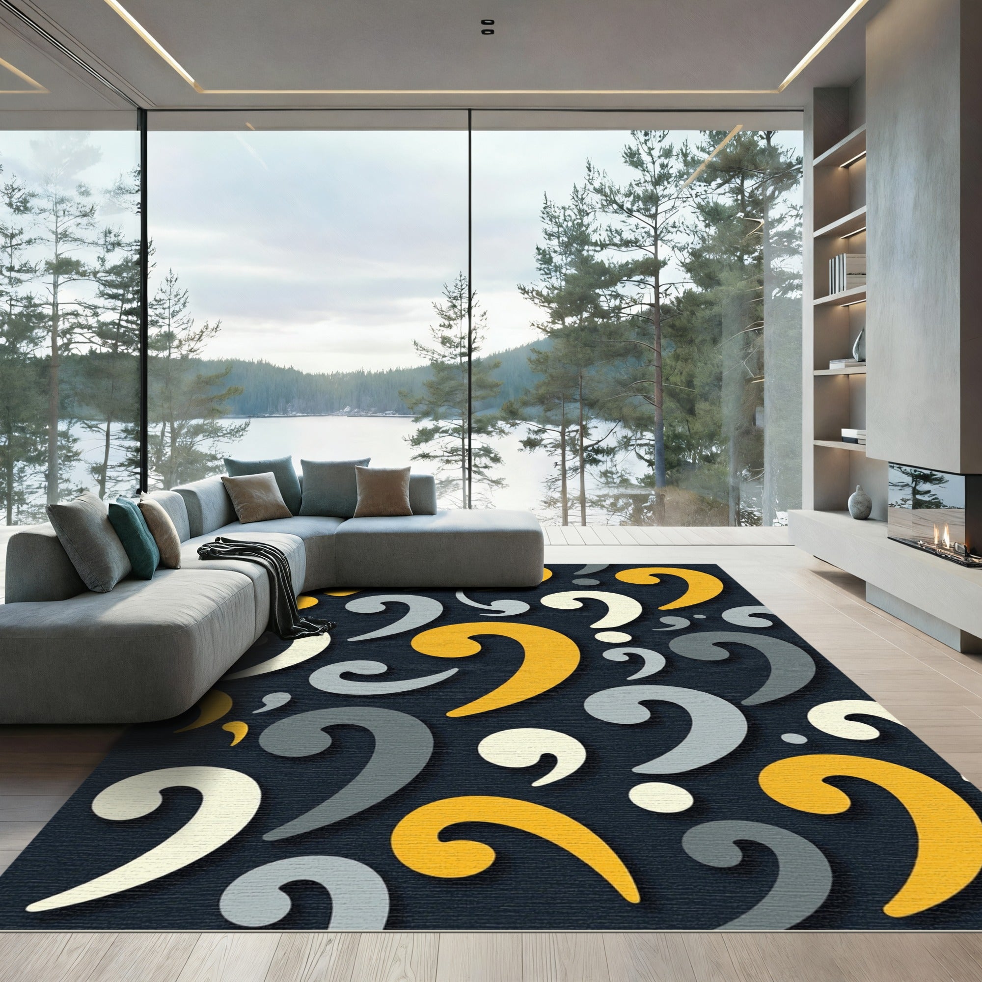 Yellow Gray Scroll Question Mark Rug