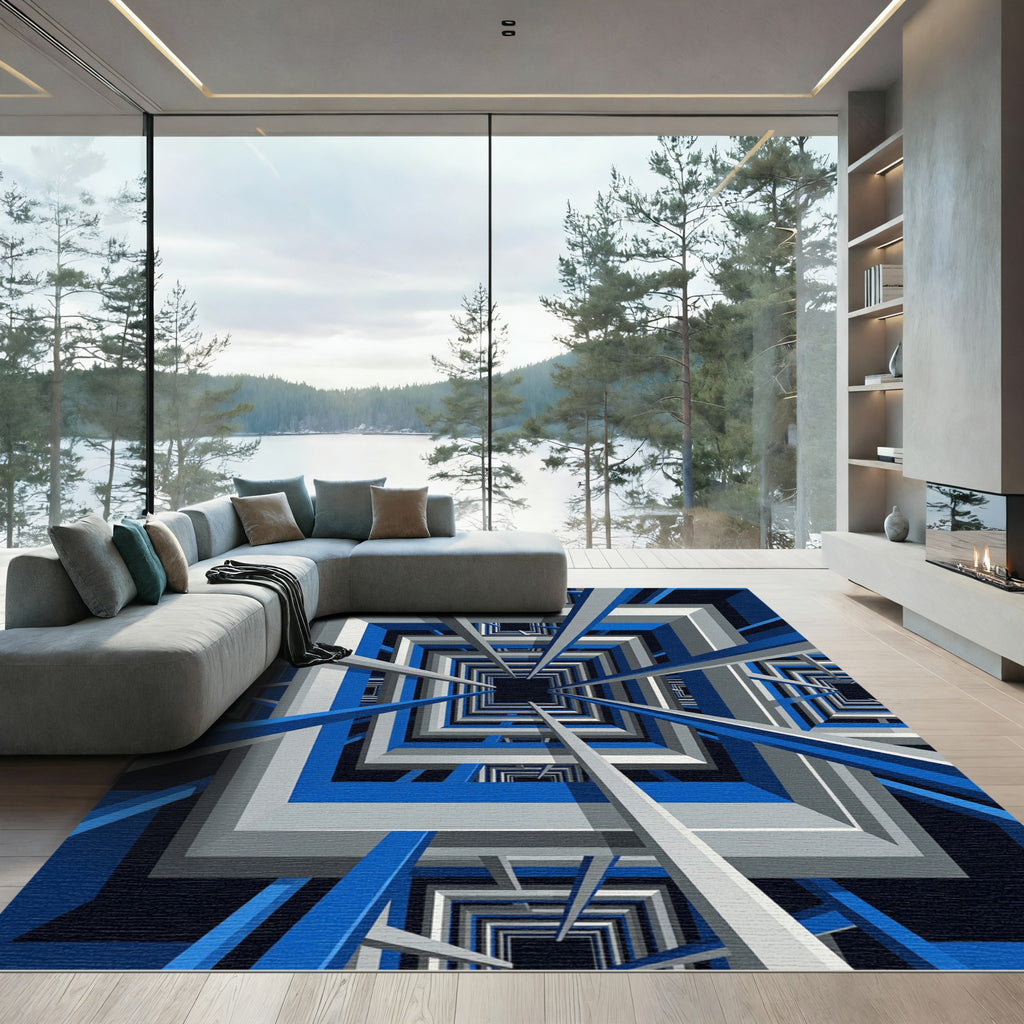 Modern Geometric Blue White Tunnel Rug