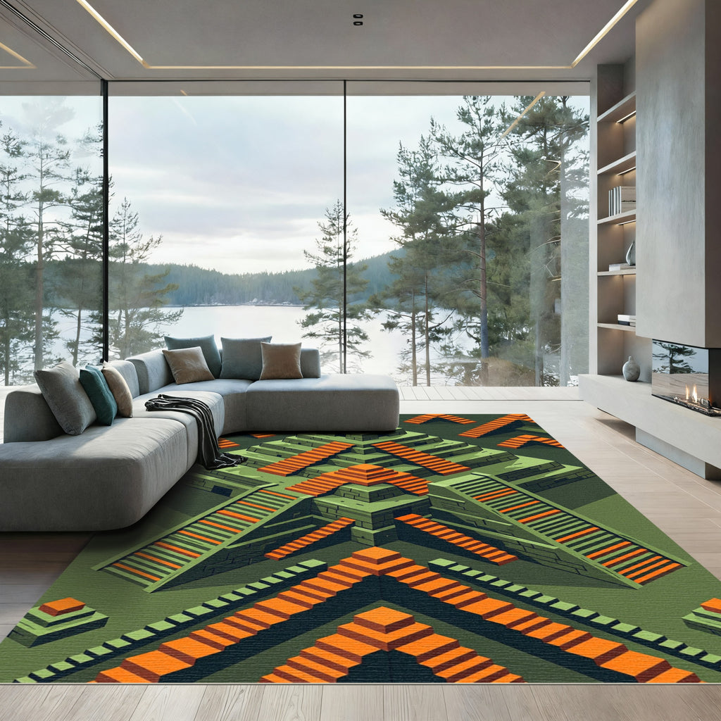 Isometric Orange Temple Pyramid Geometry Rug
