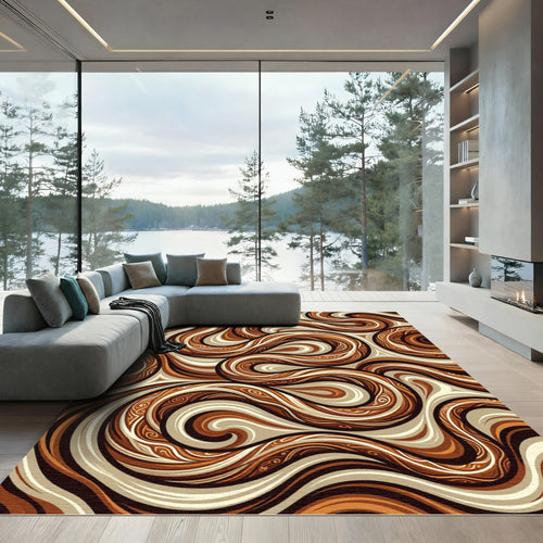 Abstract Earthy Brown Serpentine Swirl Rug