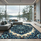 Elegant Navy and Cream Floral Medallion Rug