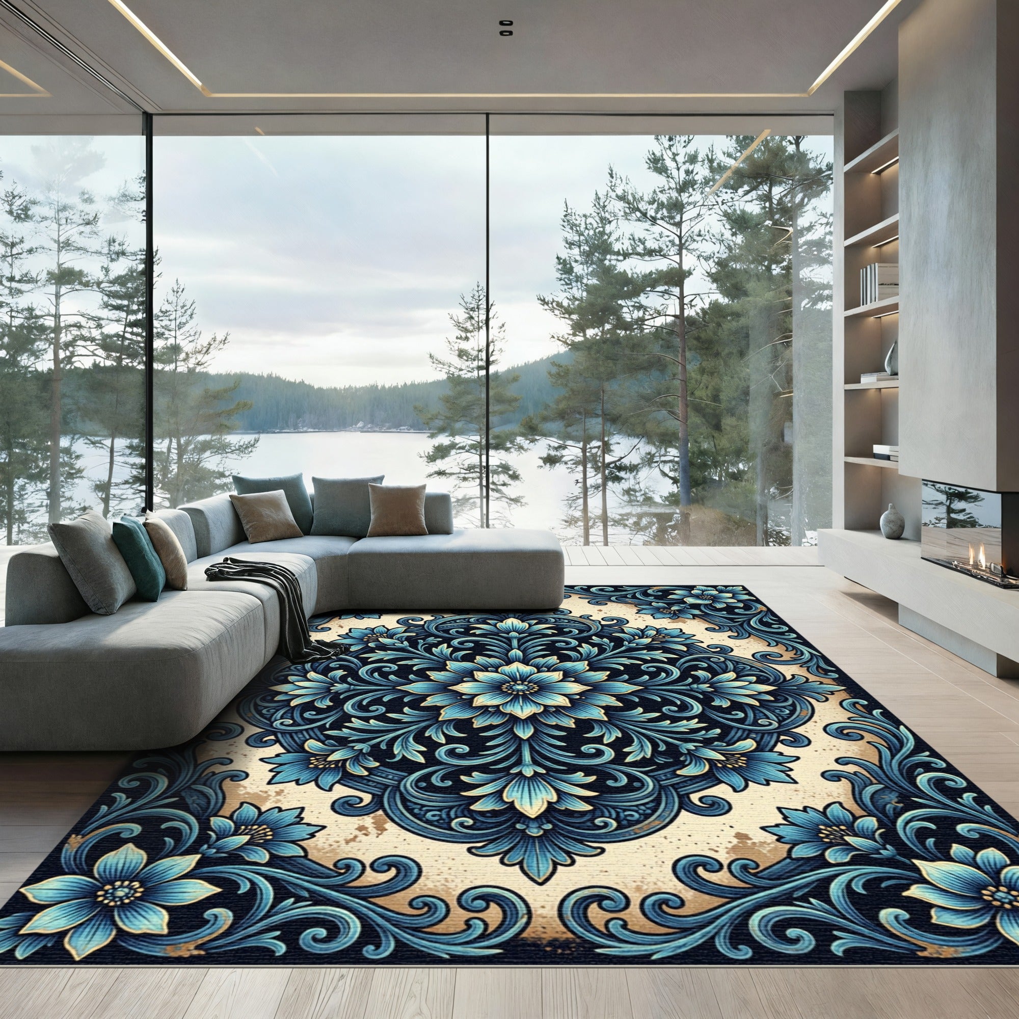 Elegant Navy and Cream Floral Medallion Rug