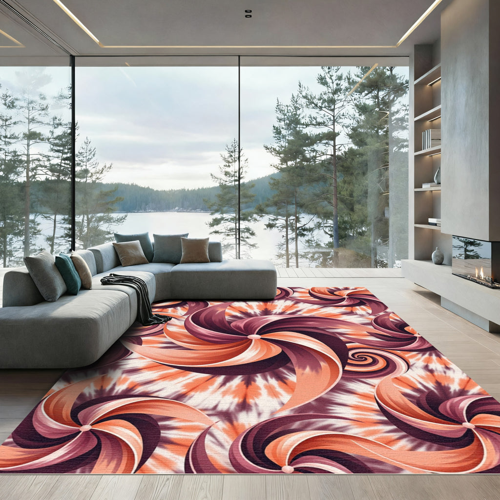 Crimson Swirl Pinwheel Tie Dye Rug