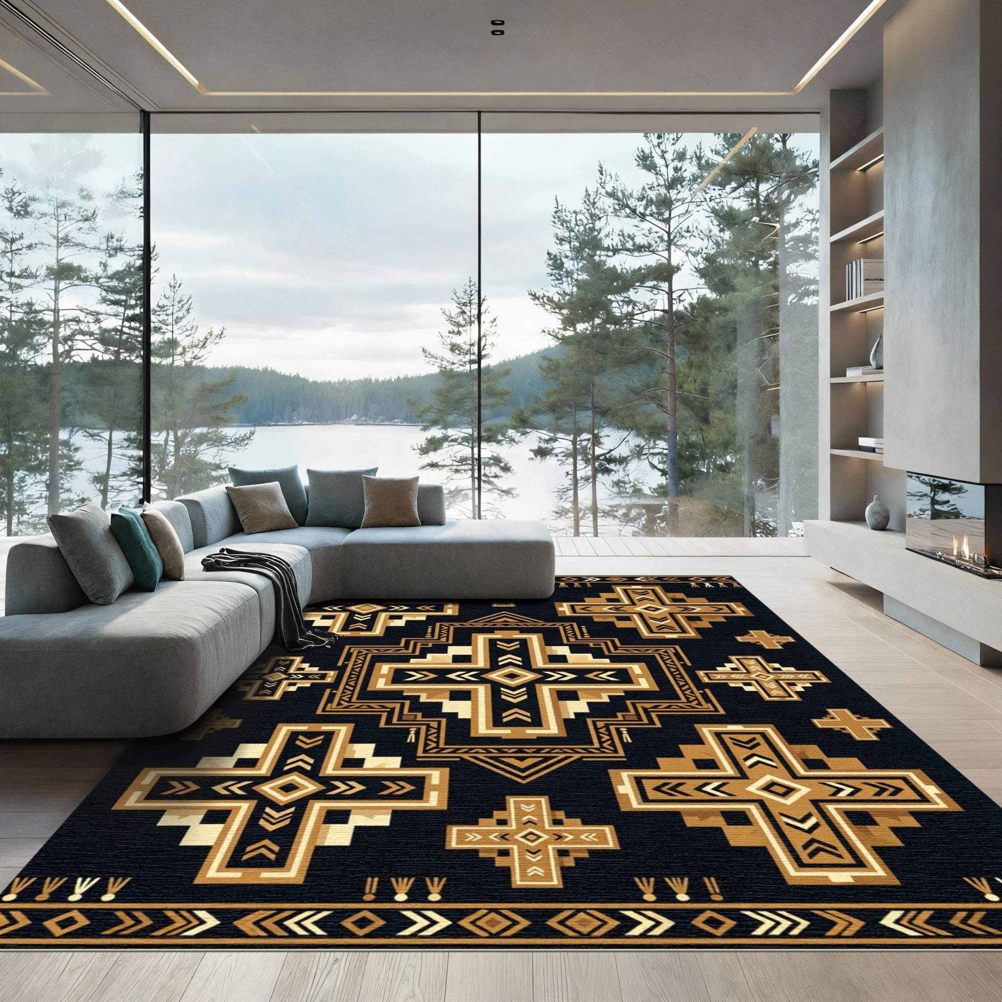 Gold Black Geometric Tribal Cross Art Rug