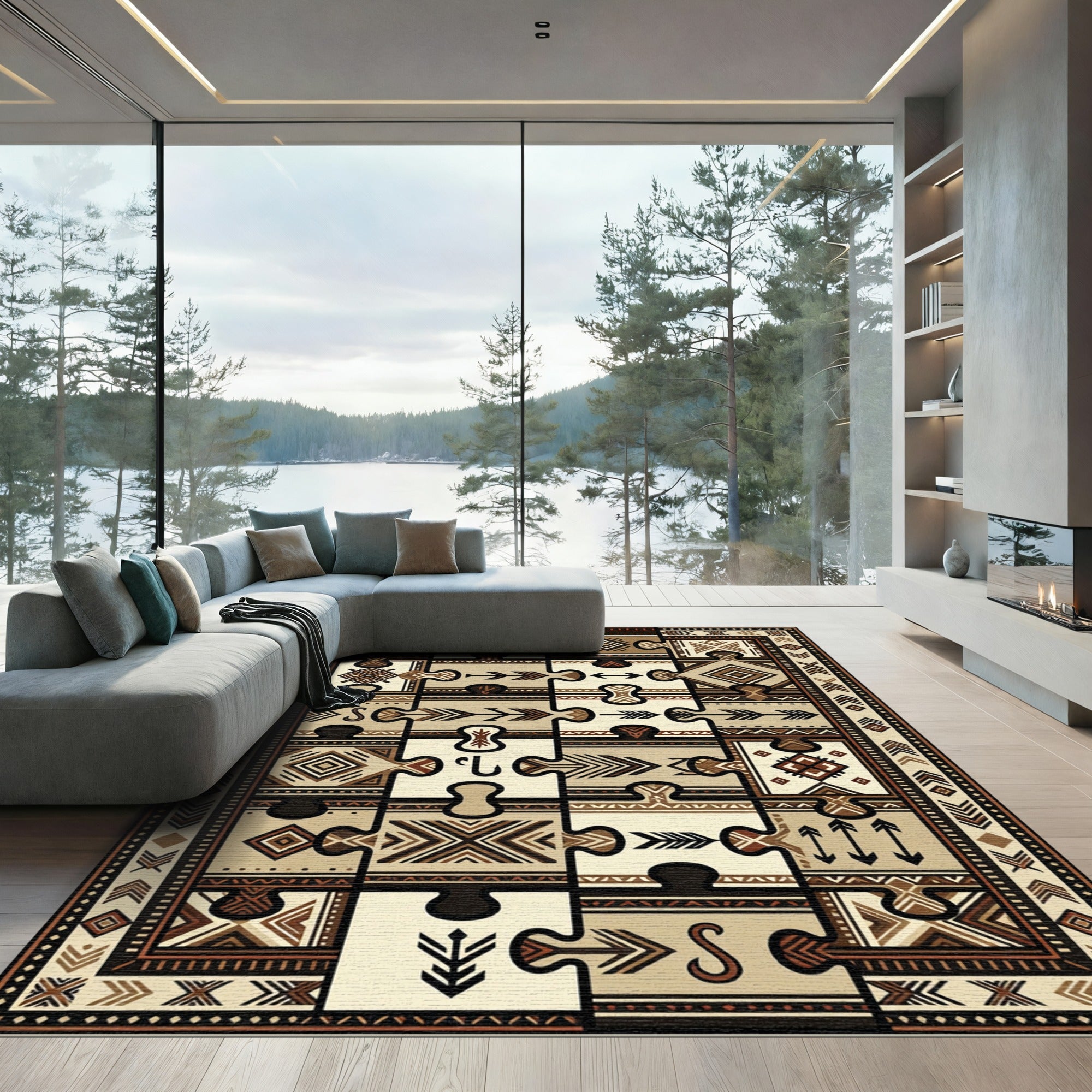 Neutral Earthy Tone Puzzle Pieces Rug
