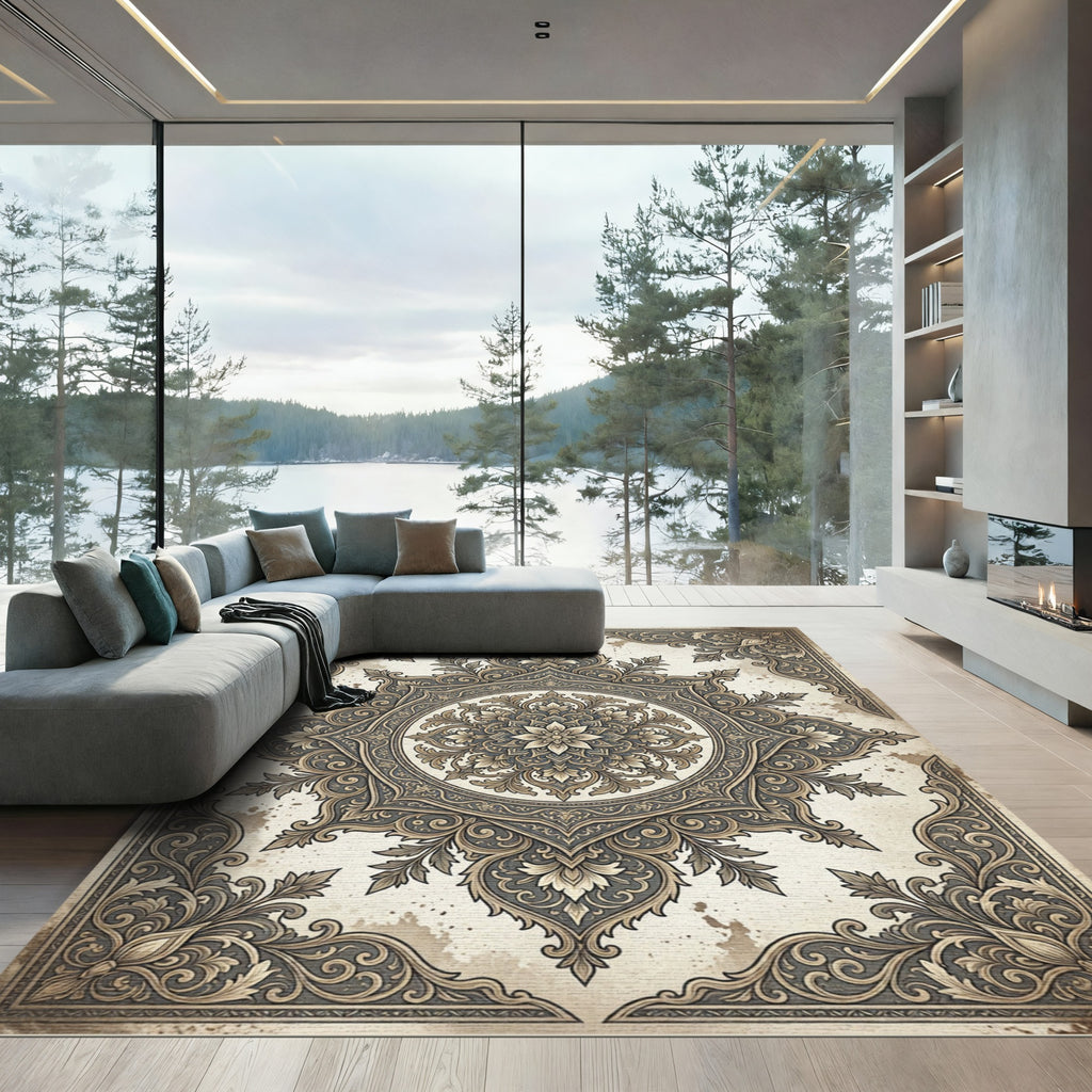 Ornate Neutral Floral Medallion Scroll Rug