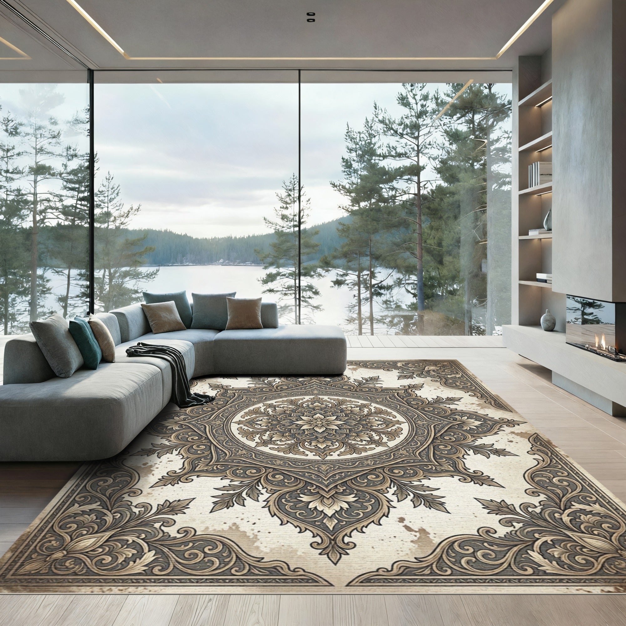 Ornate Neutral Floral Medallion Scroll Rug