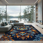 Ornate Golden Blue Lotus Mandala Rug