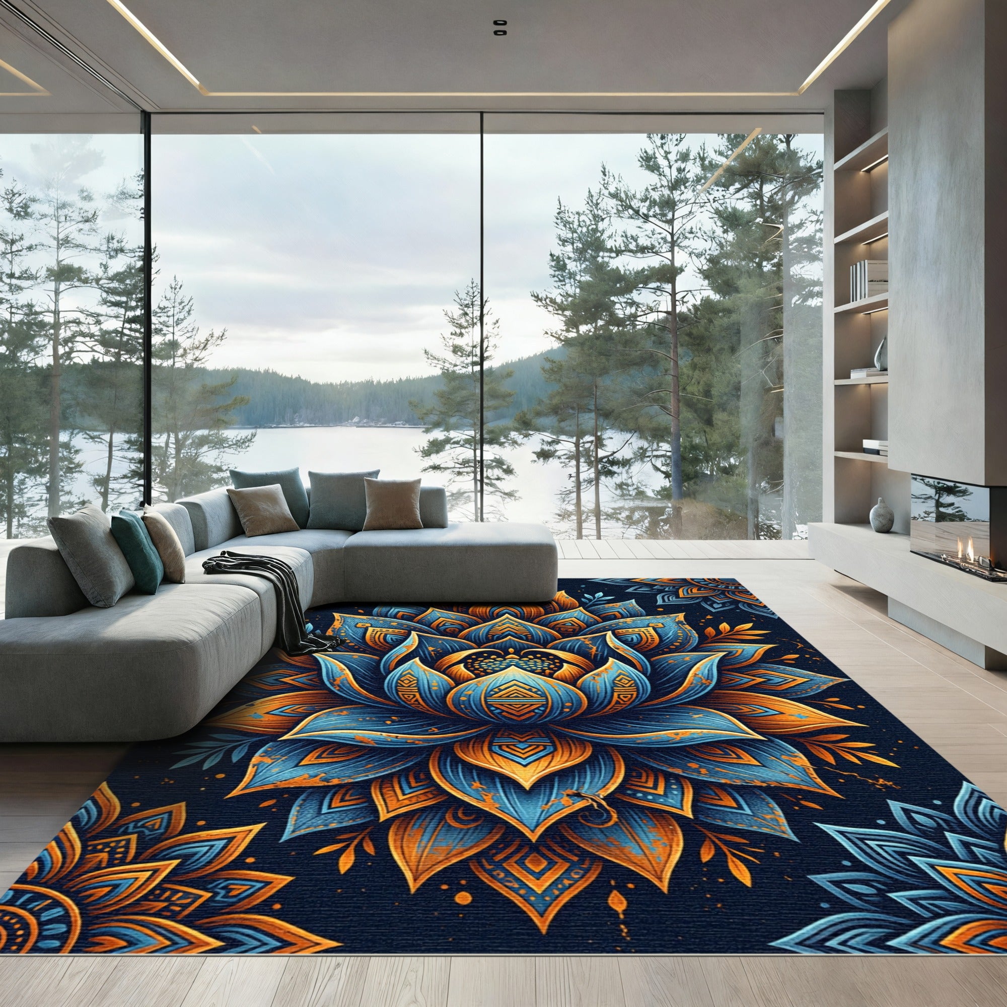Ornate Golden Blue Lotus Mandala Rug