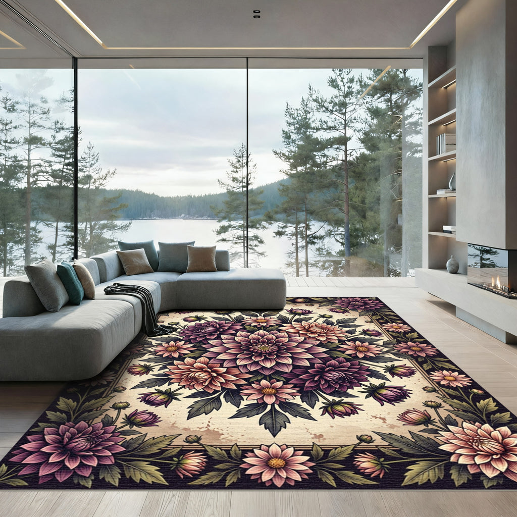 Vintage Pink Dahlia Floral Medallion Rug