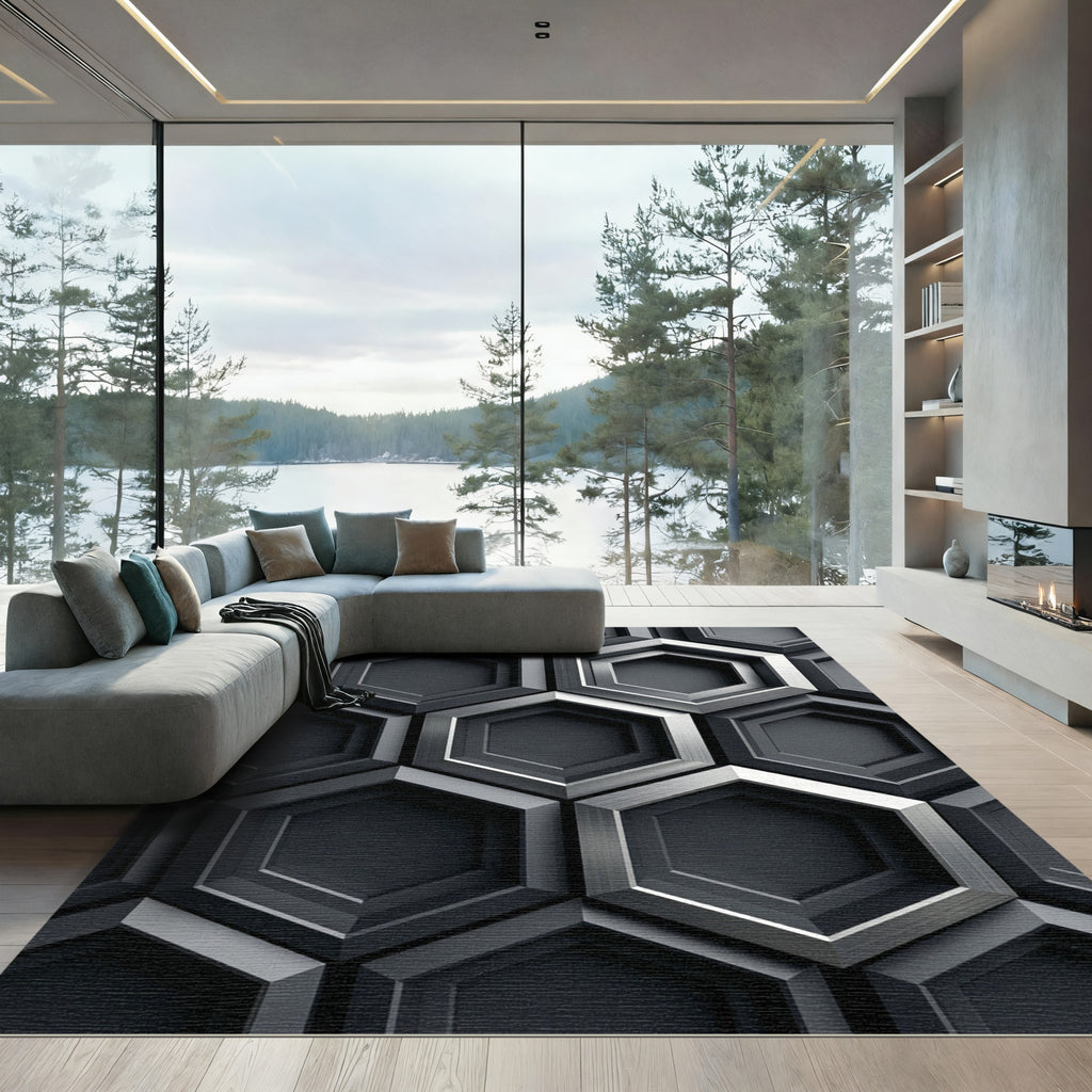 Metallic Monochrome Geometric Hexagonal Grid Rug