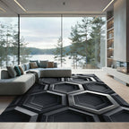 Metallic Monochrome Geometric Hexagonal Grid Rug