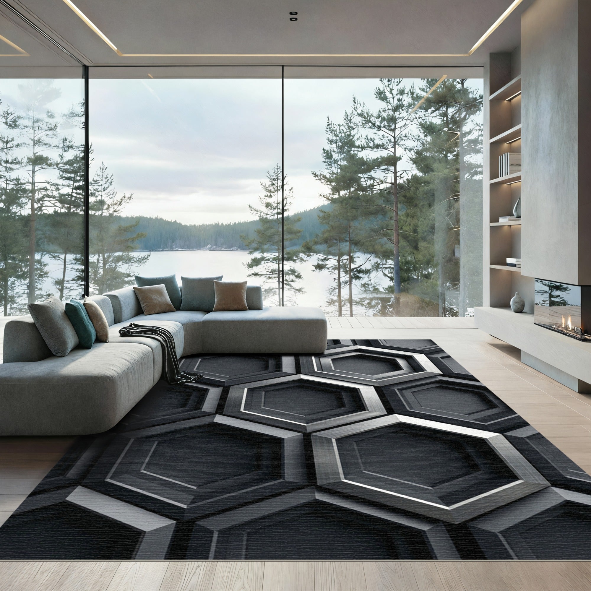 Metallic Monochrome Geometric Hexagonal Grid Rug