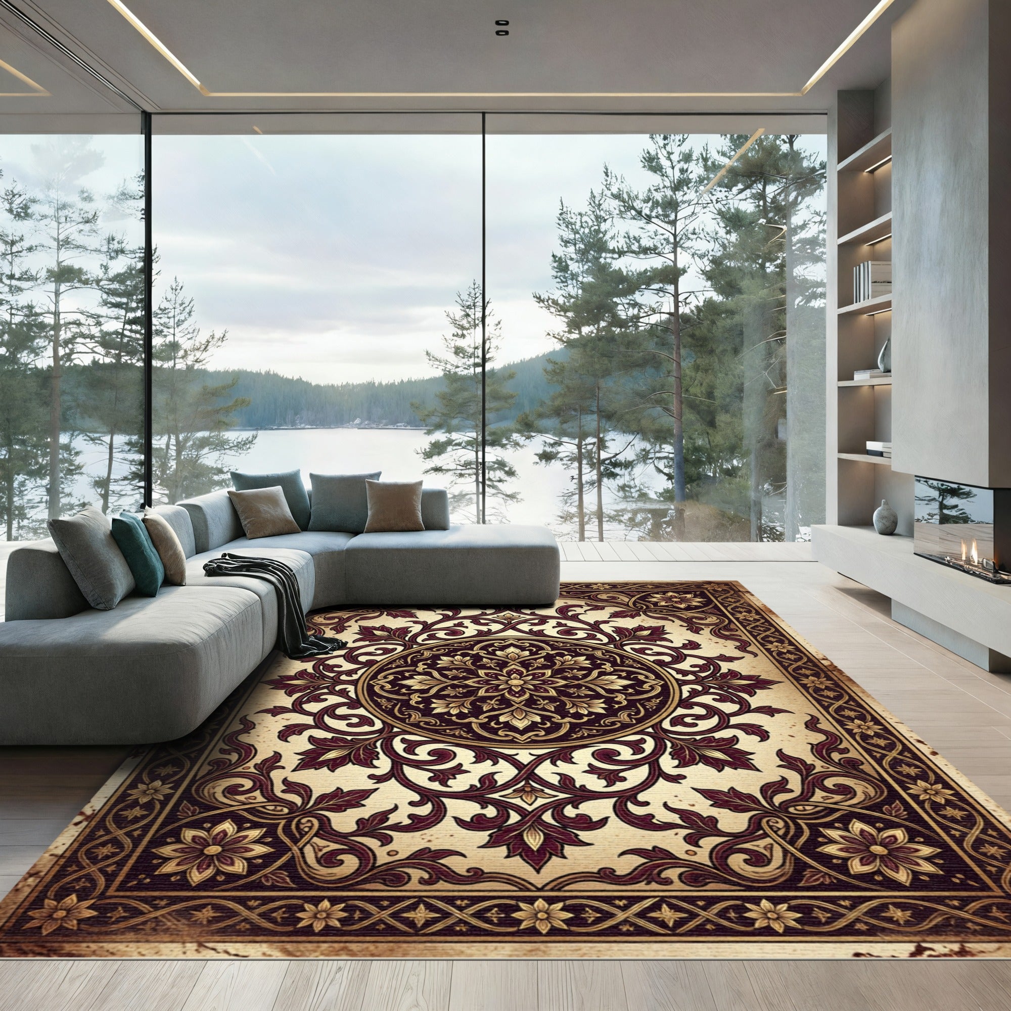 Ornate Deep Burgundy Gold Floral Medallion Rug