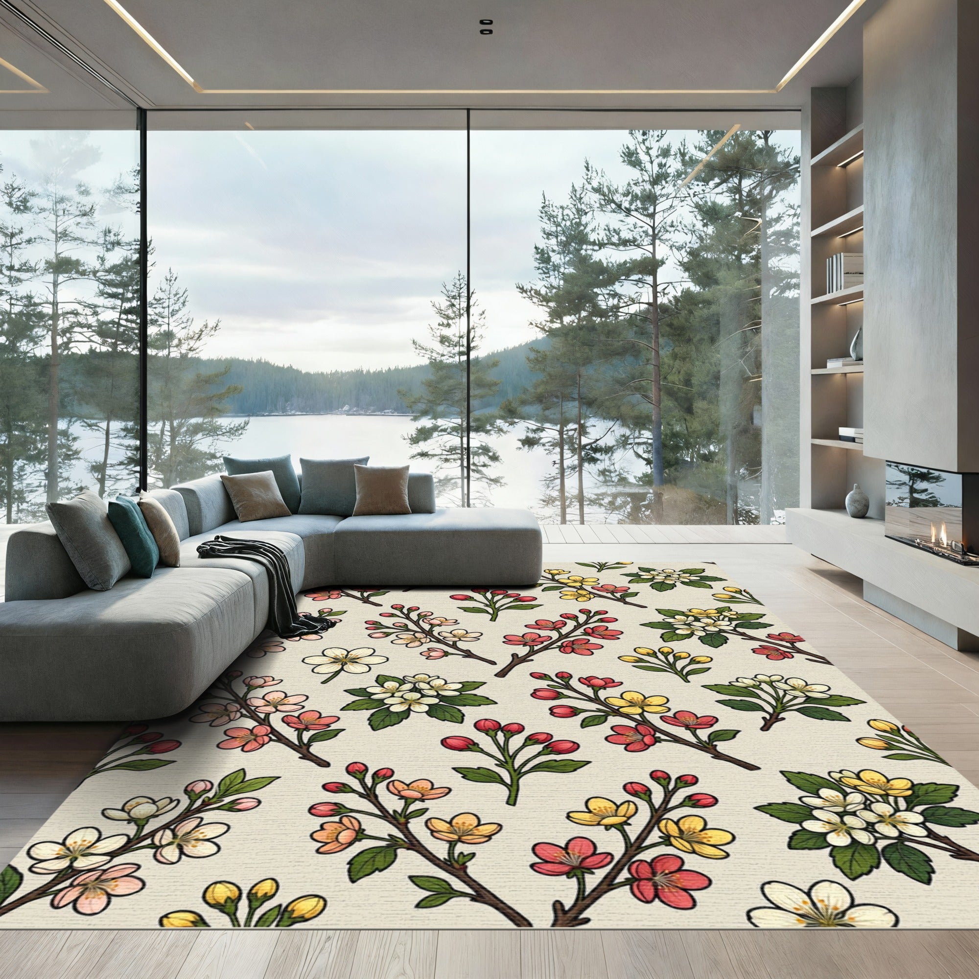 Pink Yellow White Floral Branches Rug