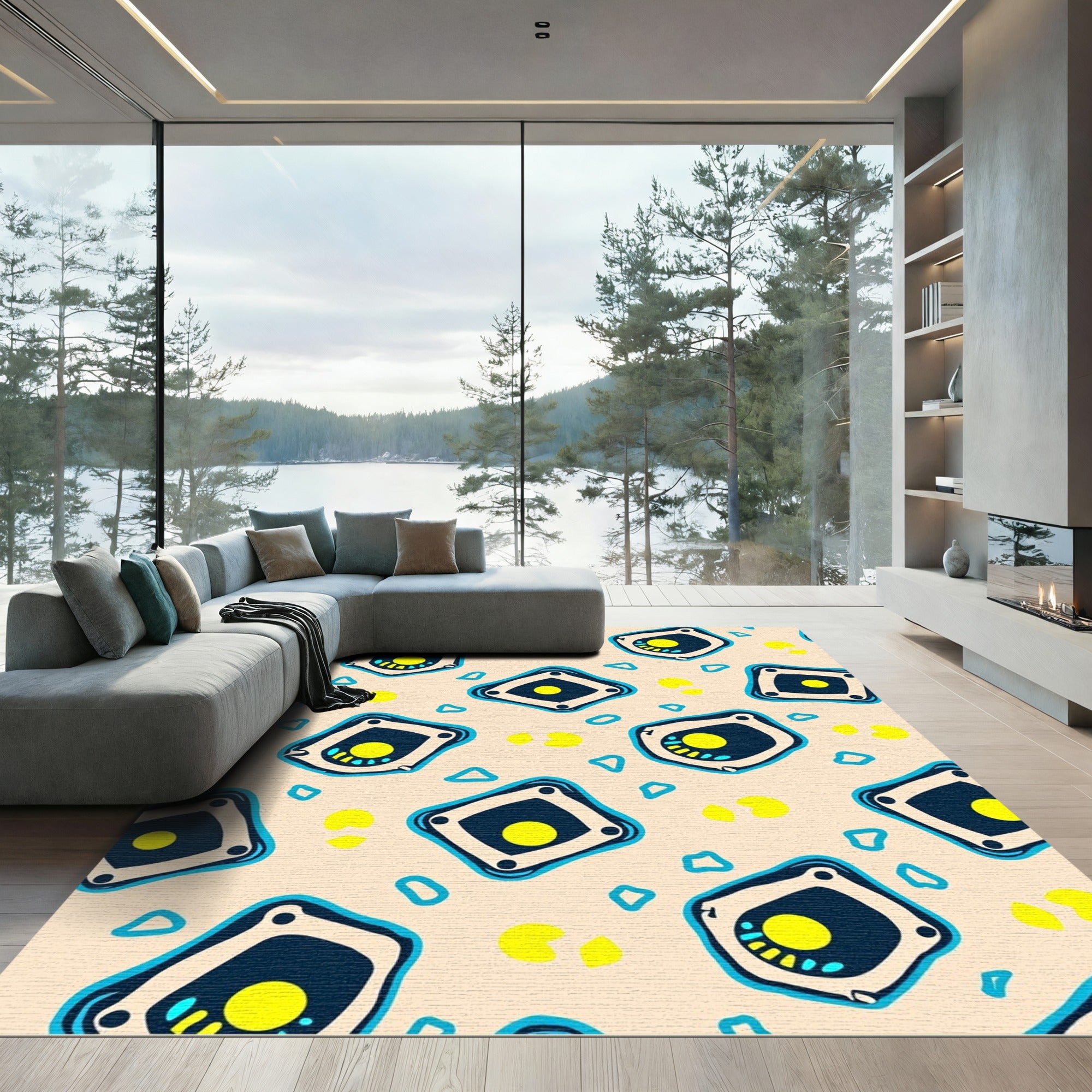 Abstract Blue Yellow Shield Shapes Rug