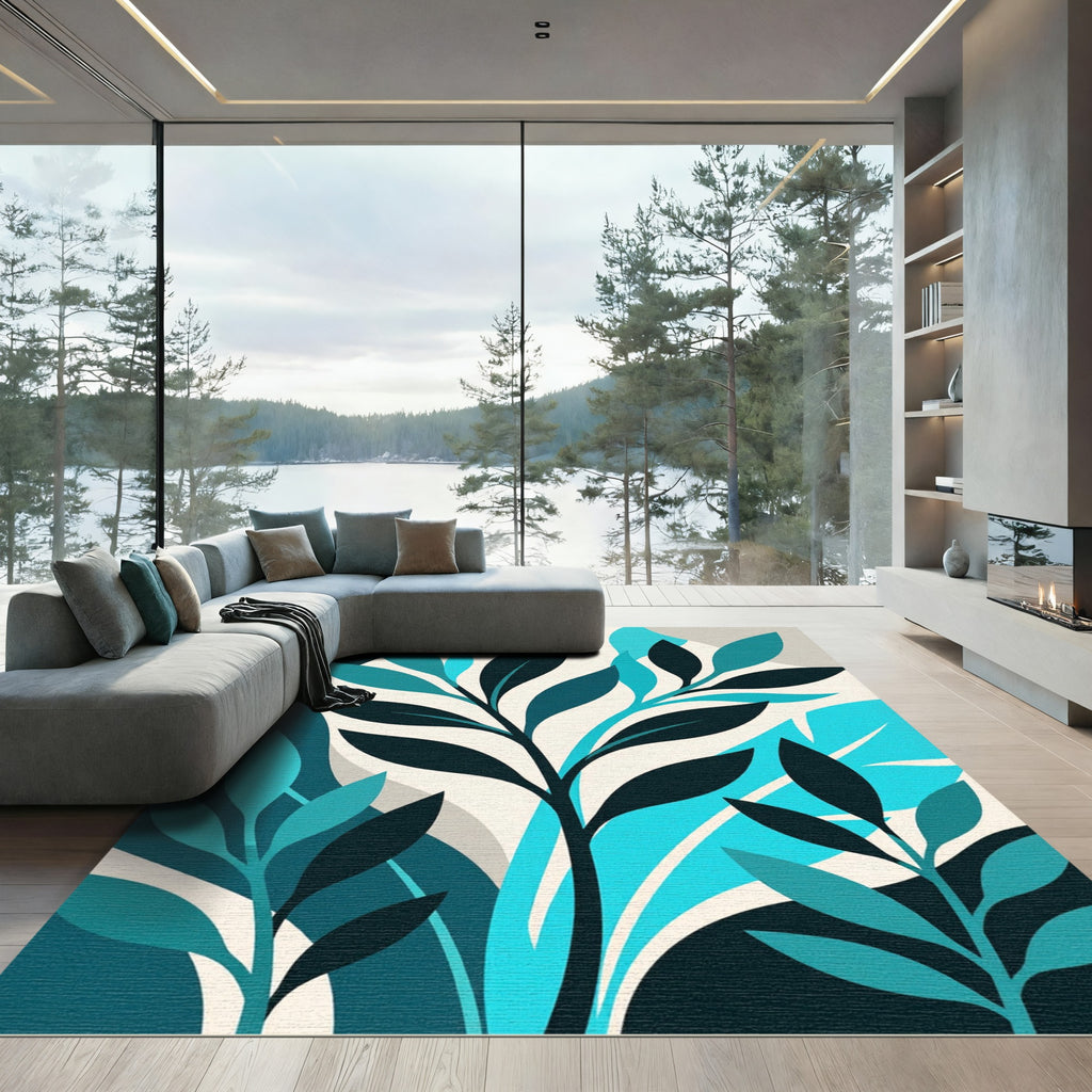 Modern Teal Botanical Abstract Leaf Rug