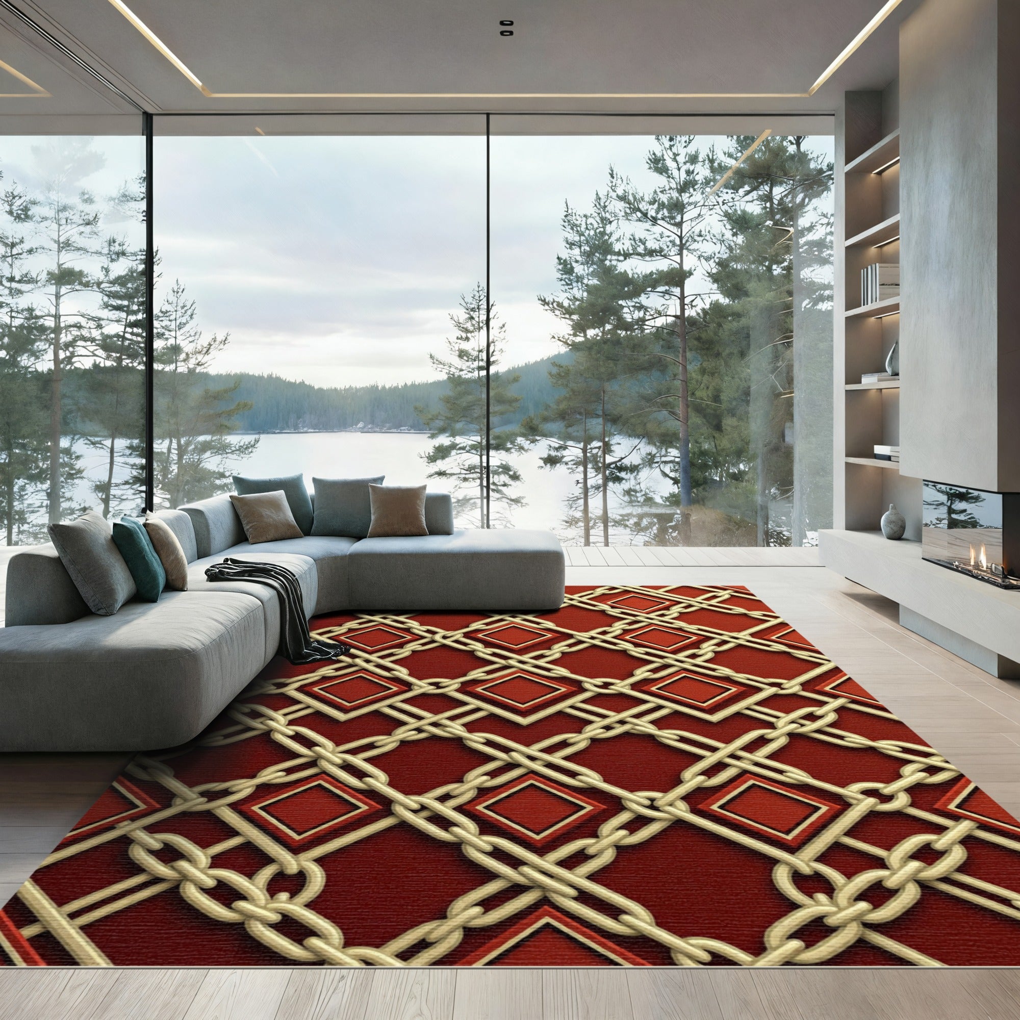 Crimson Interlocking Chain Diamond Rug