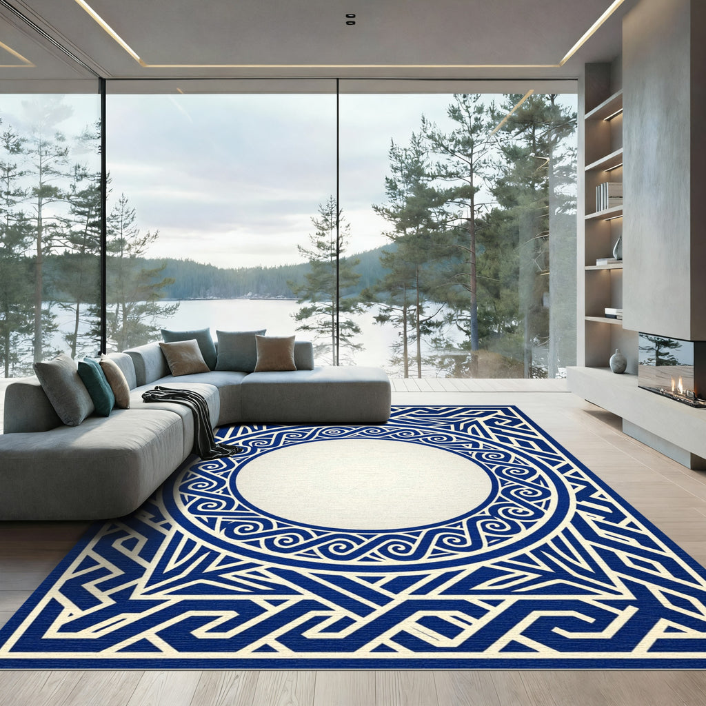 Geometric Navy Blue Greek Key Border Rug