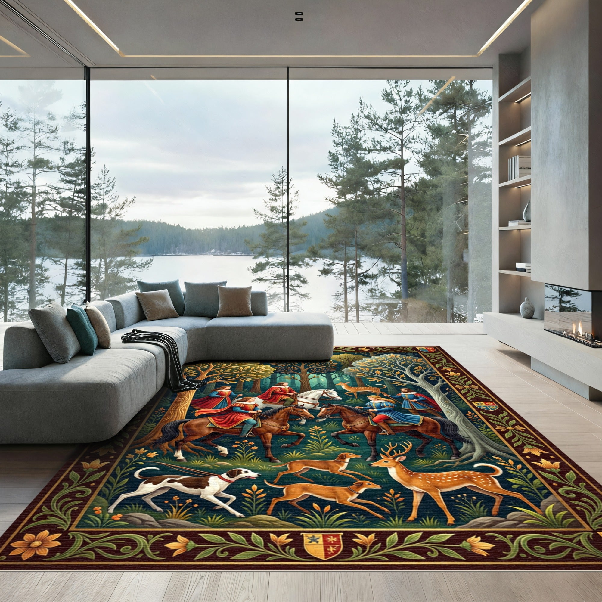 Medieval Enchanted Forest Noble Hunt Scene Rug