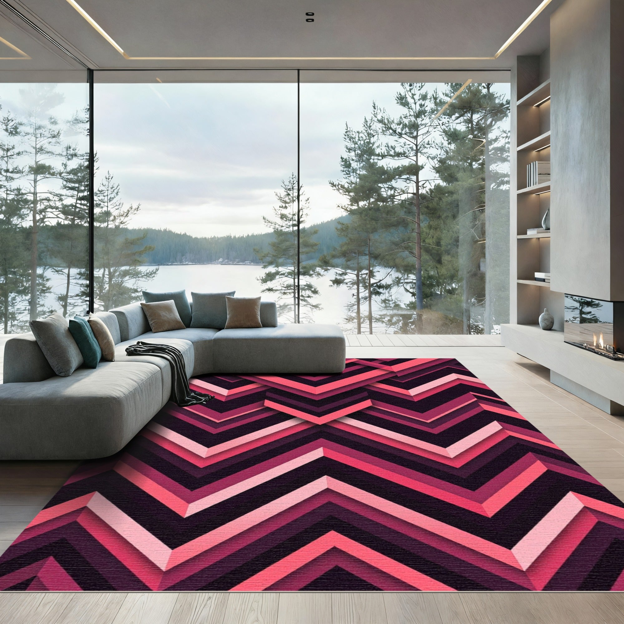 Geometric Chevron Peaks in Magenta Pink Rug