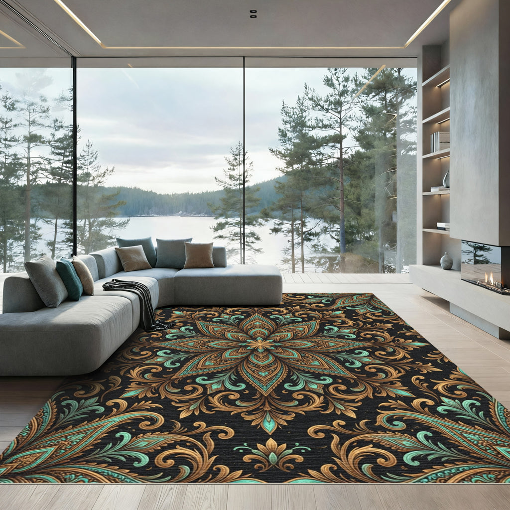 Ornate Teal and Bronze Floral Medallion Rug