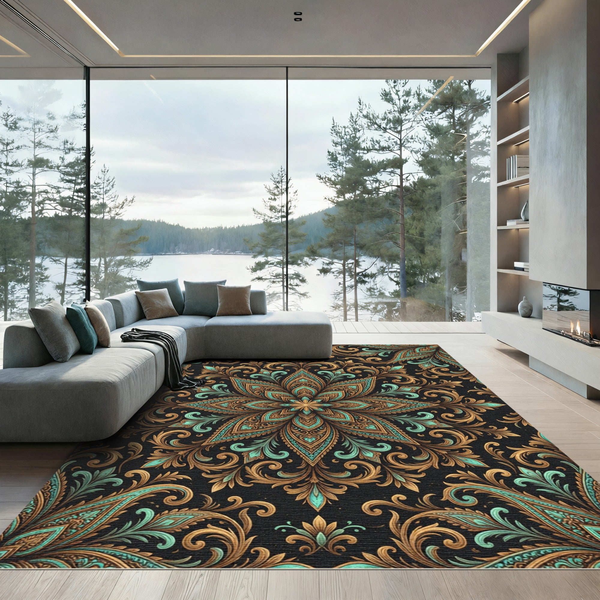 Ornate Teal and Bronze Floral Medallion Rug