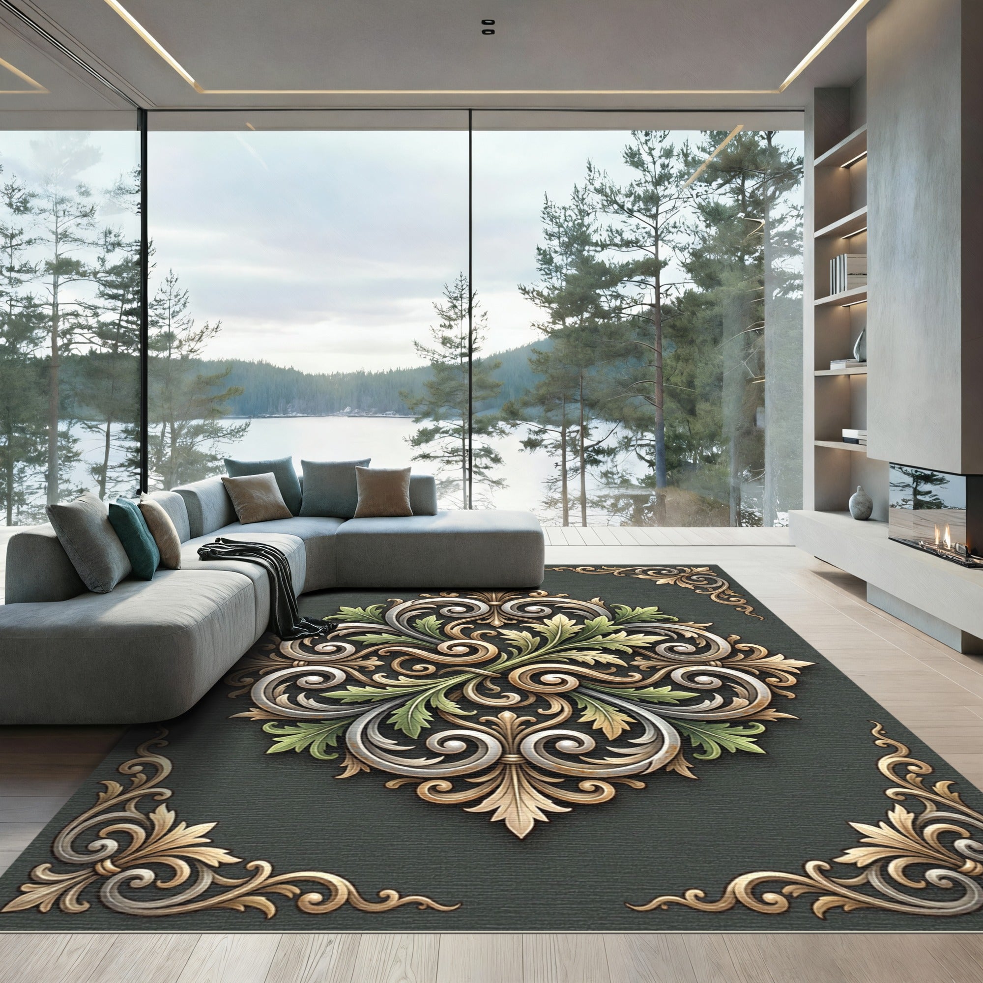 Elegant Sage Gold Acanthus Scroll Medallion Rug