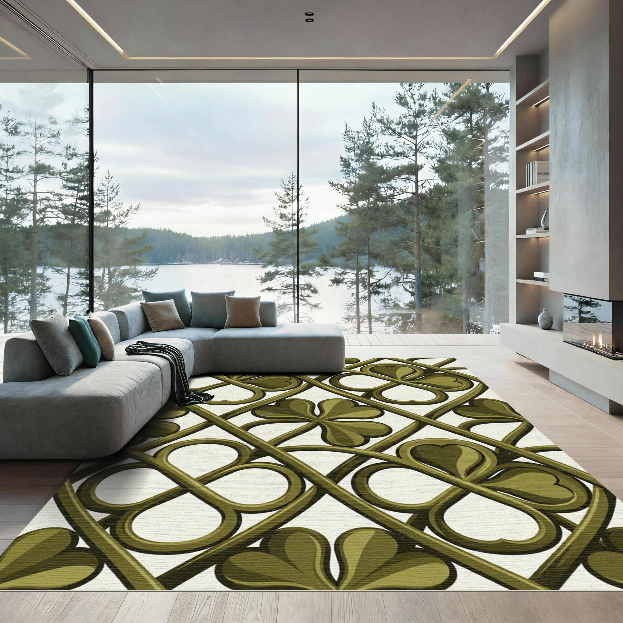 Olive Clover Lattice Interlocking Grid Rug
