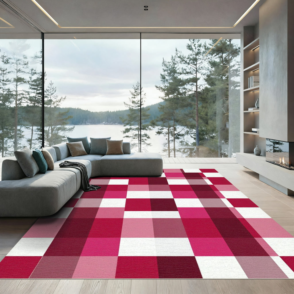Bold Magenta Checkerboard Geometric Grid Rug