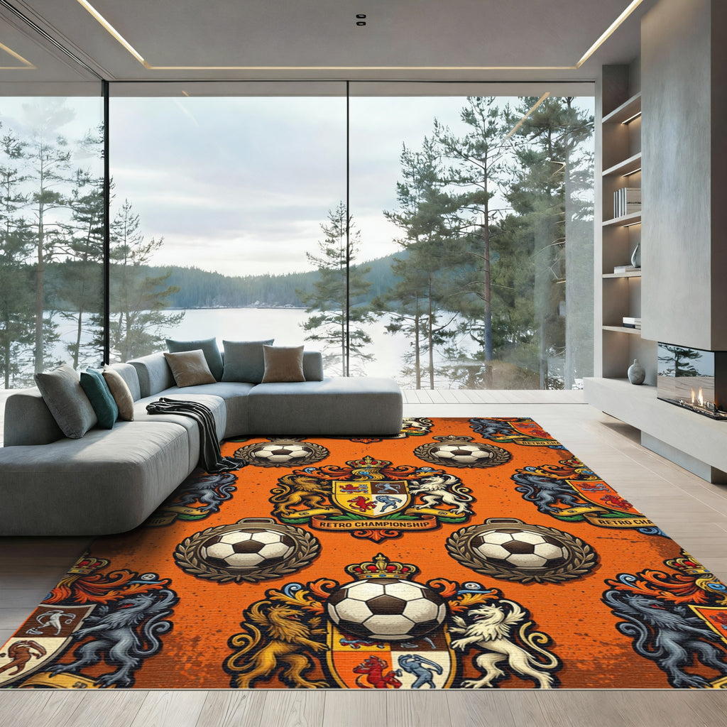 Retro Orange Soccer Crest Heraldic Rug