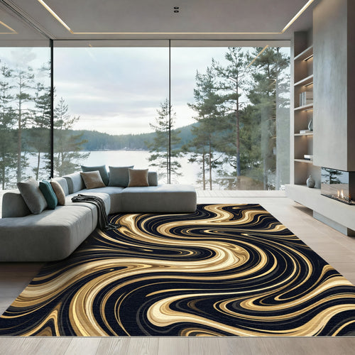 Black Gold Swirl Marble Rug