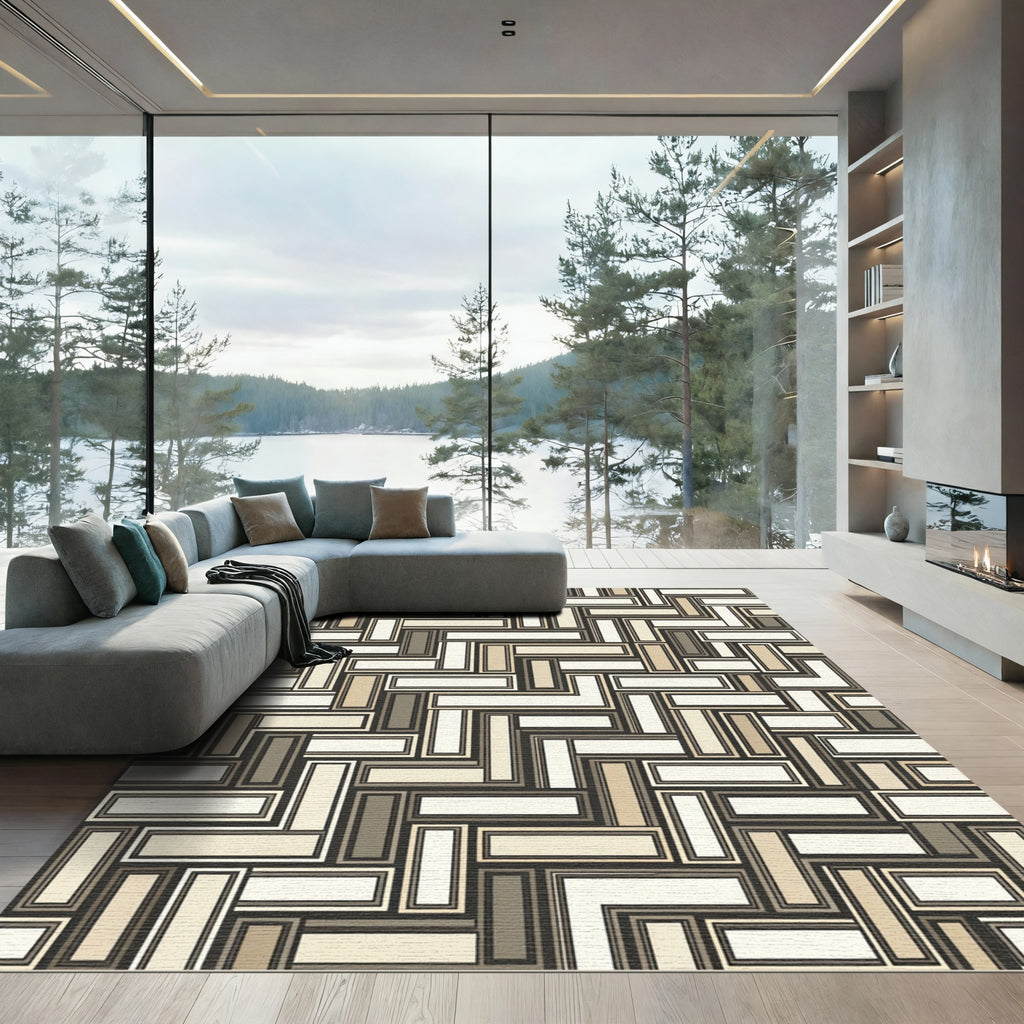 Neutral Earth Toned Geometric Inlay Rug