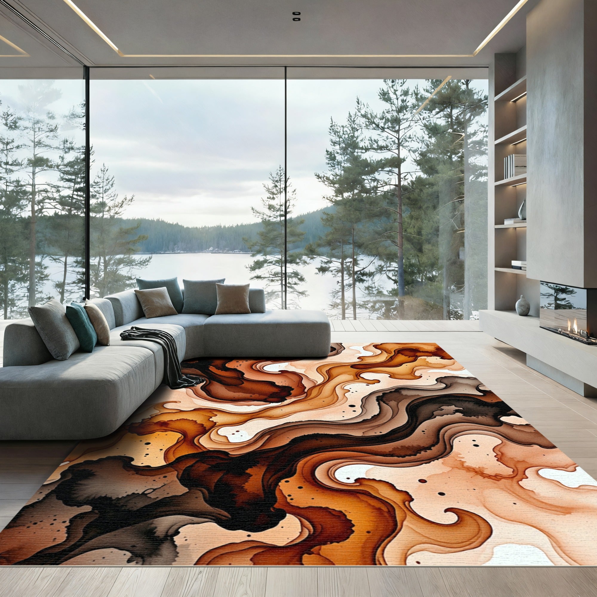 Fluid Amber and Espresso Abstract Wave Rug