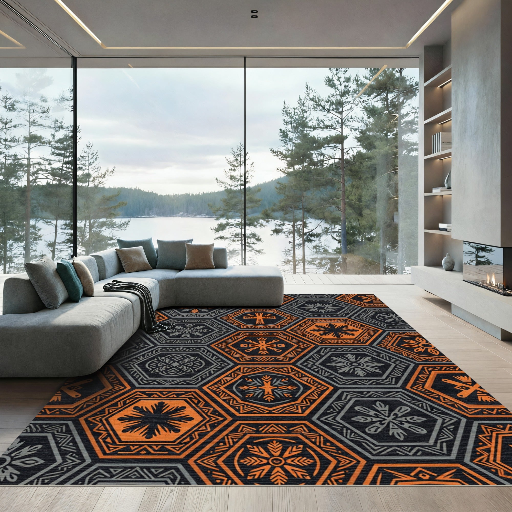 Retro Hexagonal Orange Gray Symbols Rug
