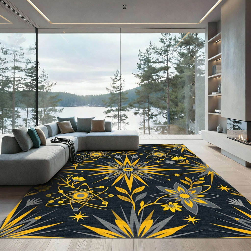 Celestial Atomic Gold and Slate Floral Rug