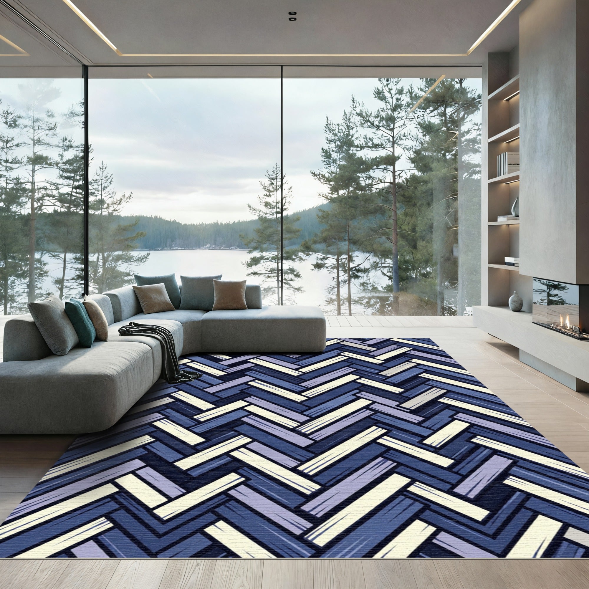 Blue Herringbone Weave Geometric Texture Rug