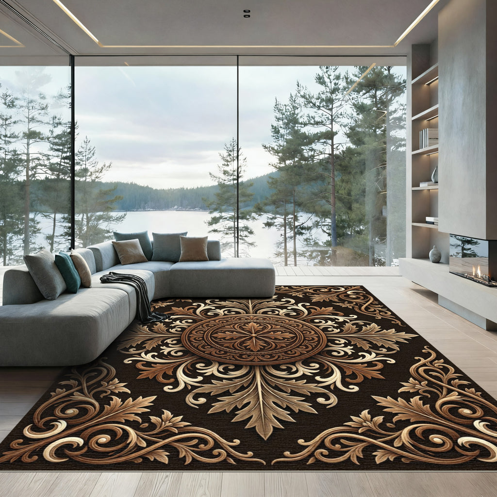 Ornate Floral Medallion Sepia Tones Rug