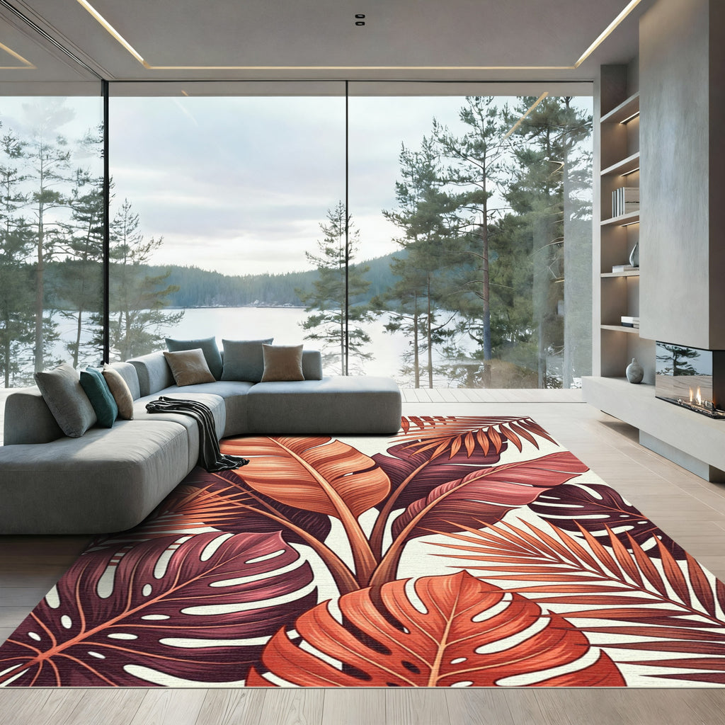 Rich Coral Tropical Fern Montera Leaves Rug