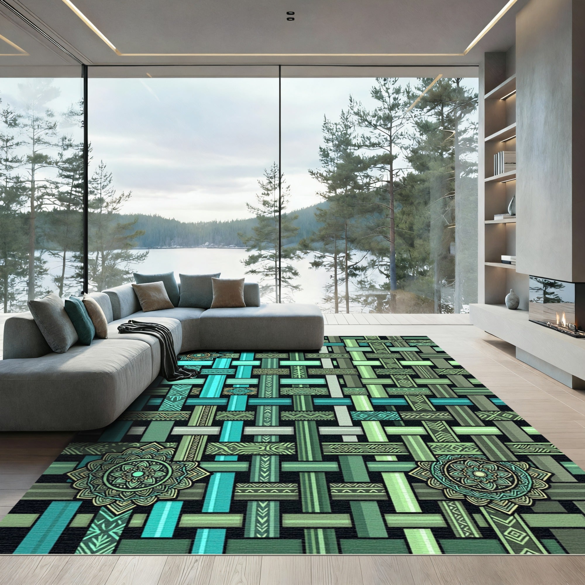 Teal Green Woven Mandala Textile Rug