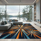 Geometric Starburst Navy and Orange Radial Abstract Rug