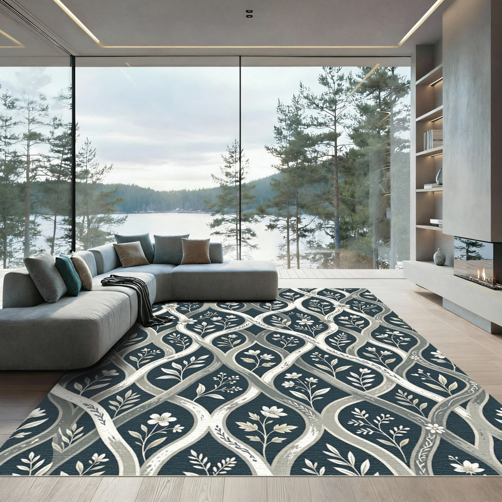 Charcoal Cream Intertwined Botanical Vine Rug