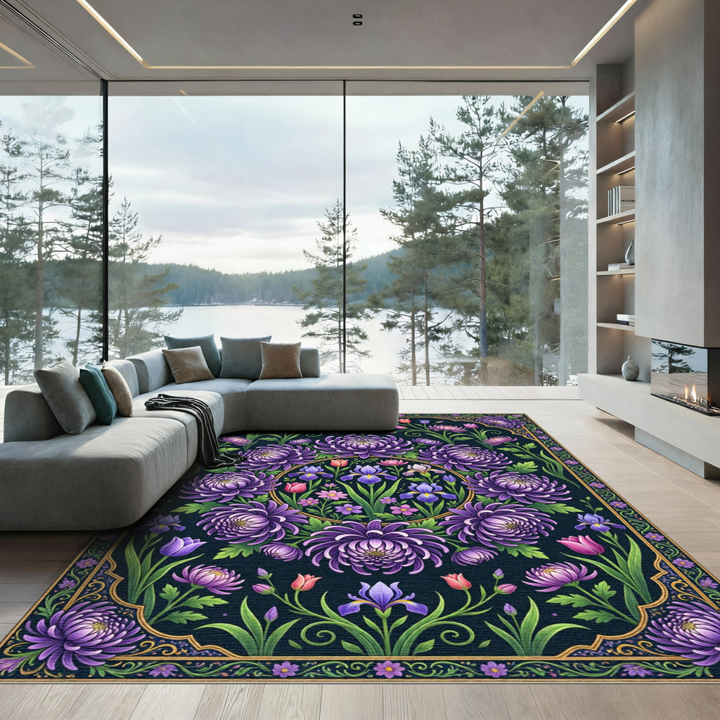 Ornate Purple Chrysanthemum Iris Floral Medallion Rug