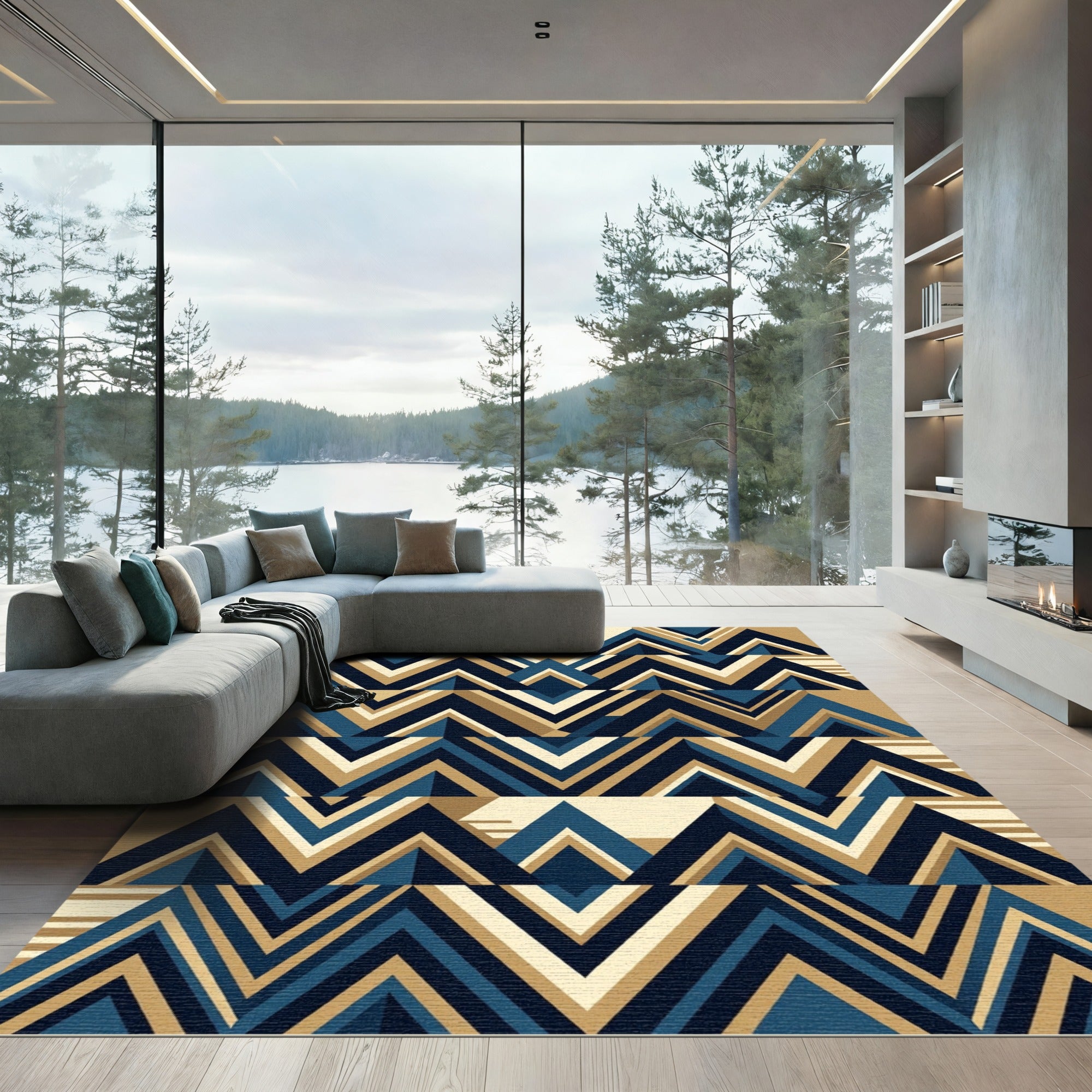 Geometric Blue and Gold Chevron Zigzag Rug