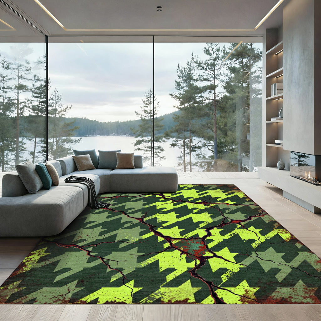 Green Houndstooth Cracked Abstract Rug