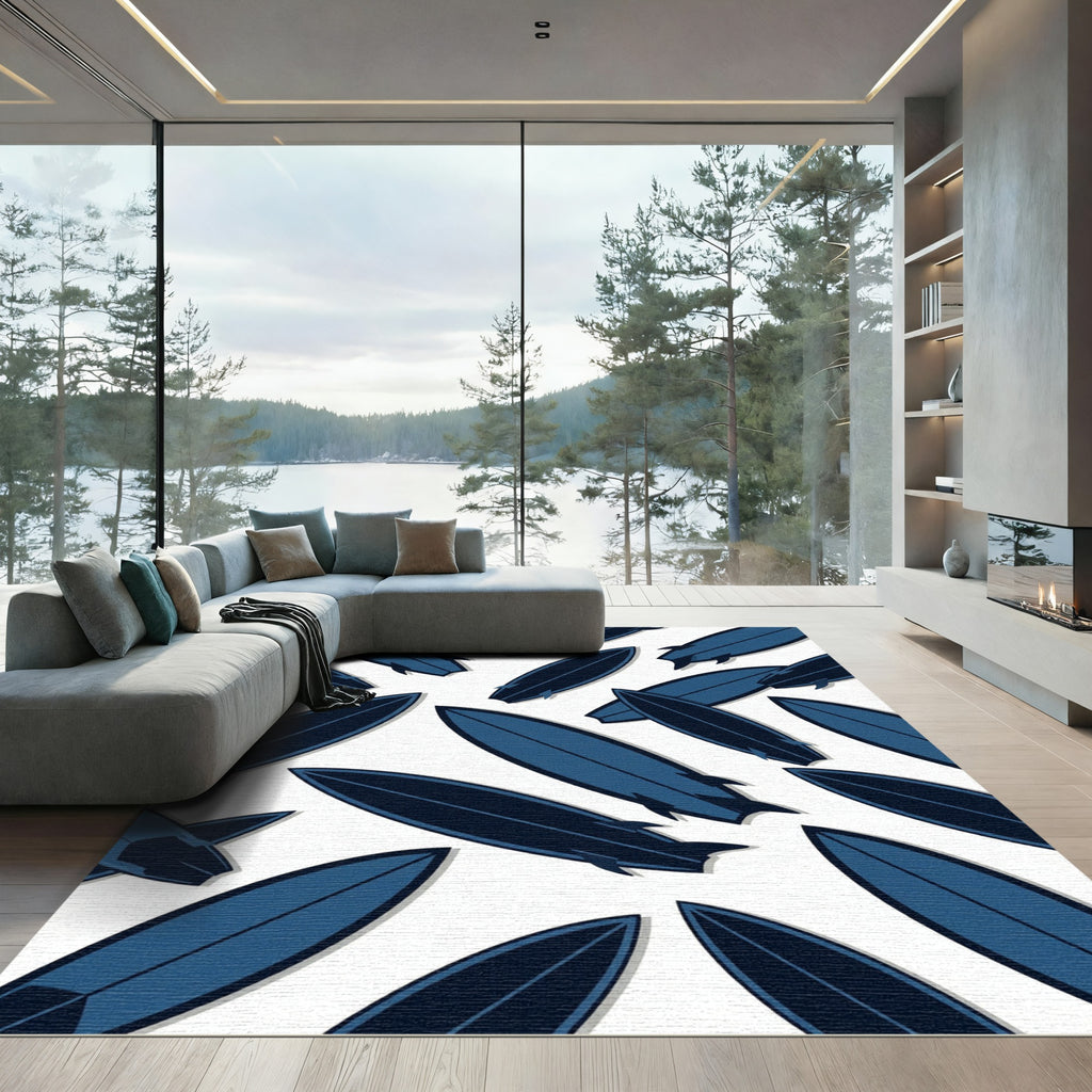 Coastal Navy Surfboard Graphic Rug