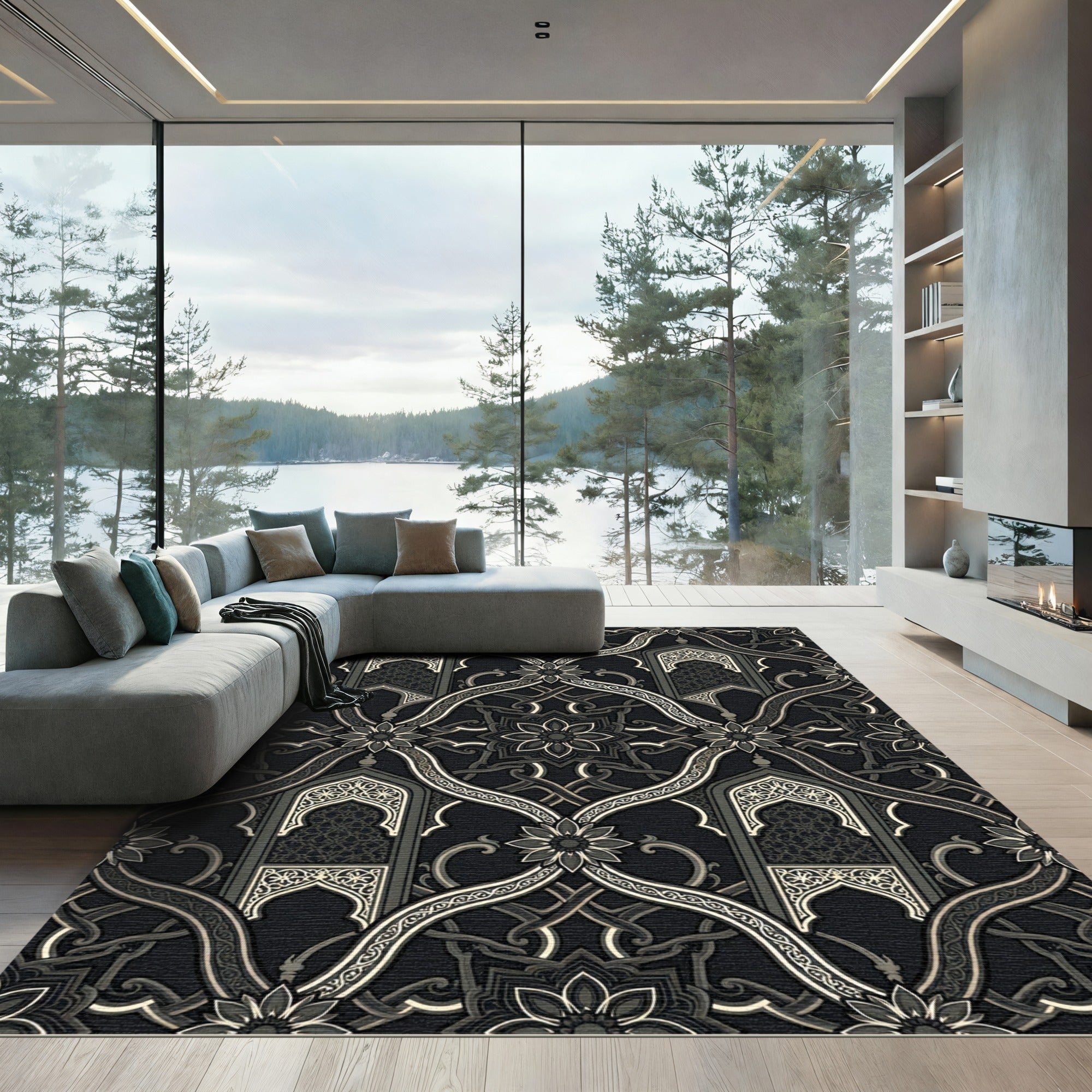 Ornate Black White Geometric Arch Rug