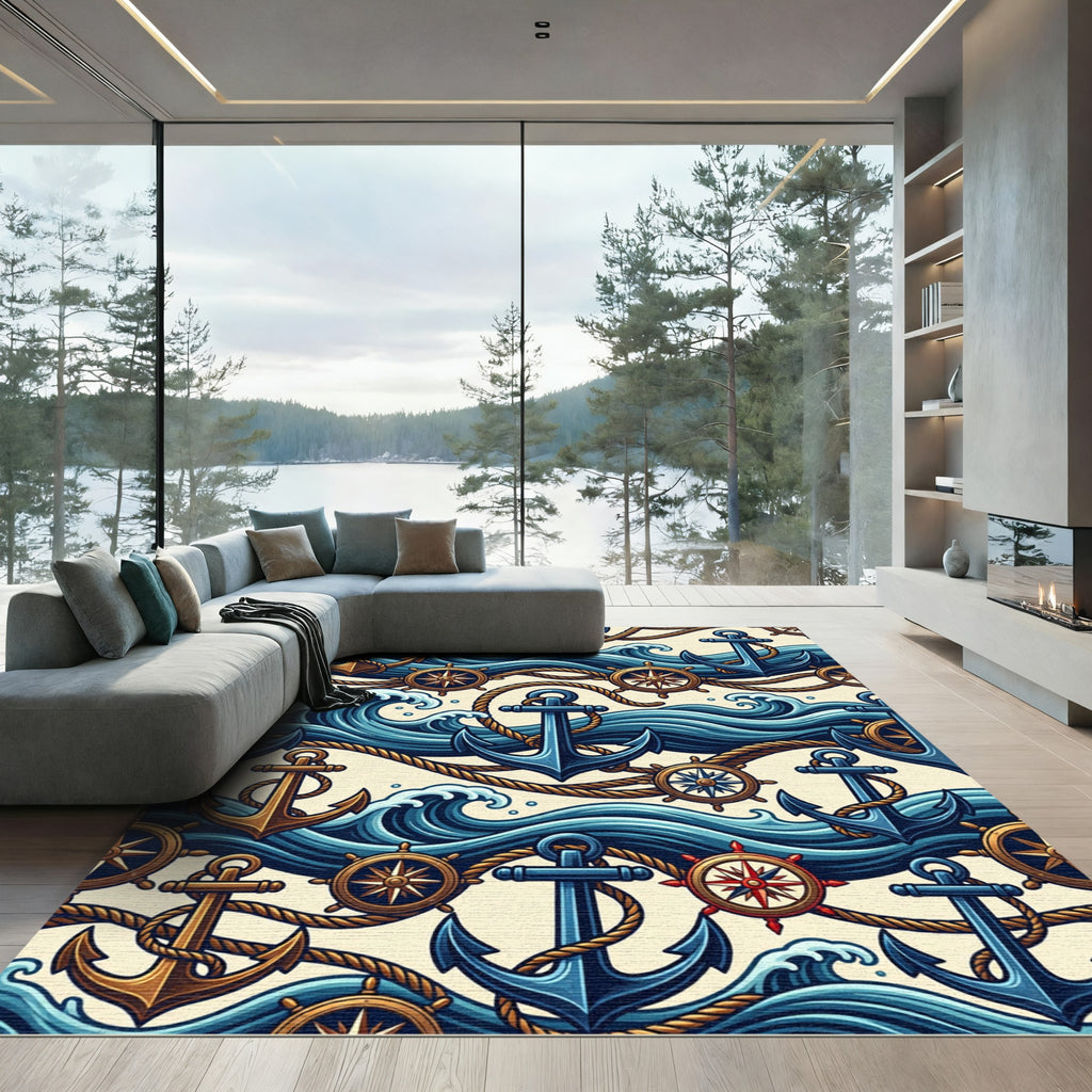 Nautical Blue Anchor Compass Wave Illustration Rug